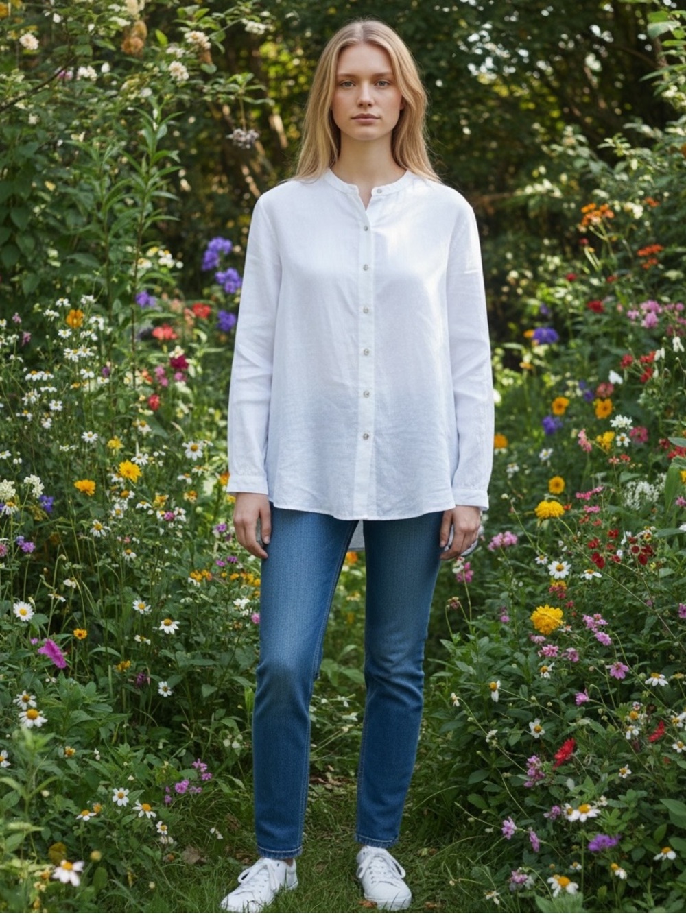 DOSA Silk Linen Button-Front Long-Sleeve Shirt White 3/L